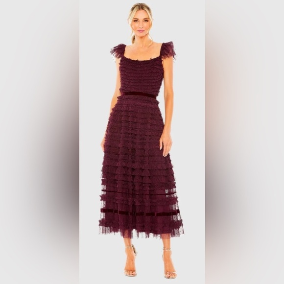 MAC DUGGAL 8054 NWT Ruffle Cap Sleeve Tiered Midi Dress - Picture 2 of 10